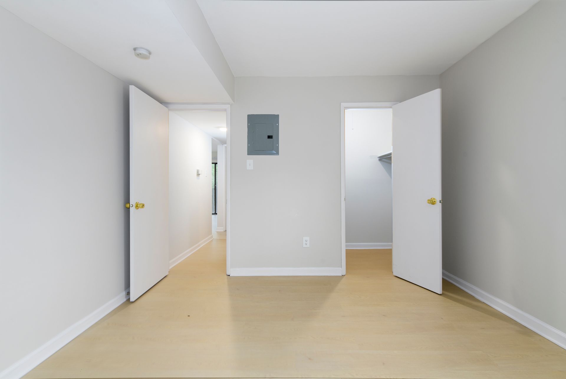Empty room with two open doors and a hallway. Pale wood floors, gray walls.