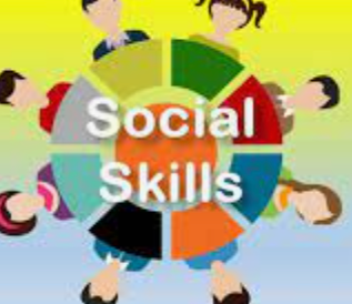 A group of people are standing in a circle with the words `` social skills '' written in the middle.
