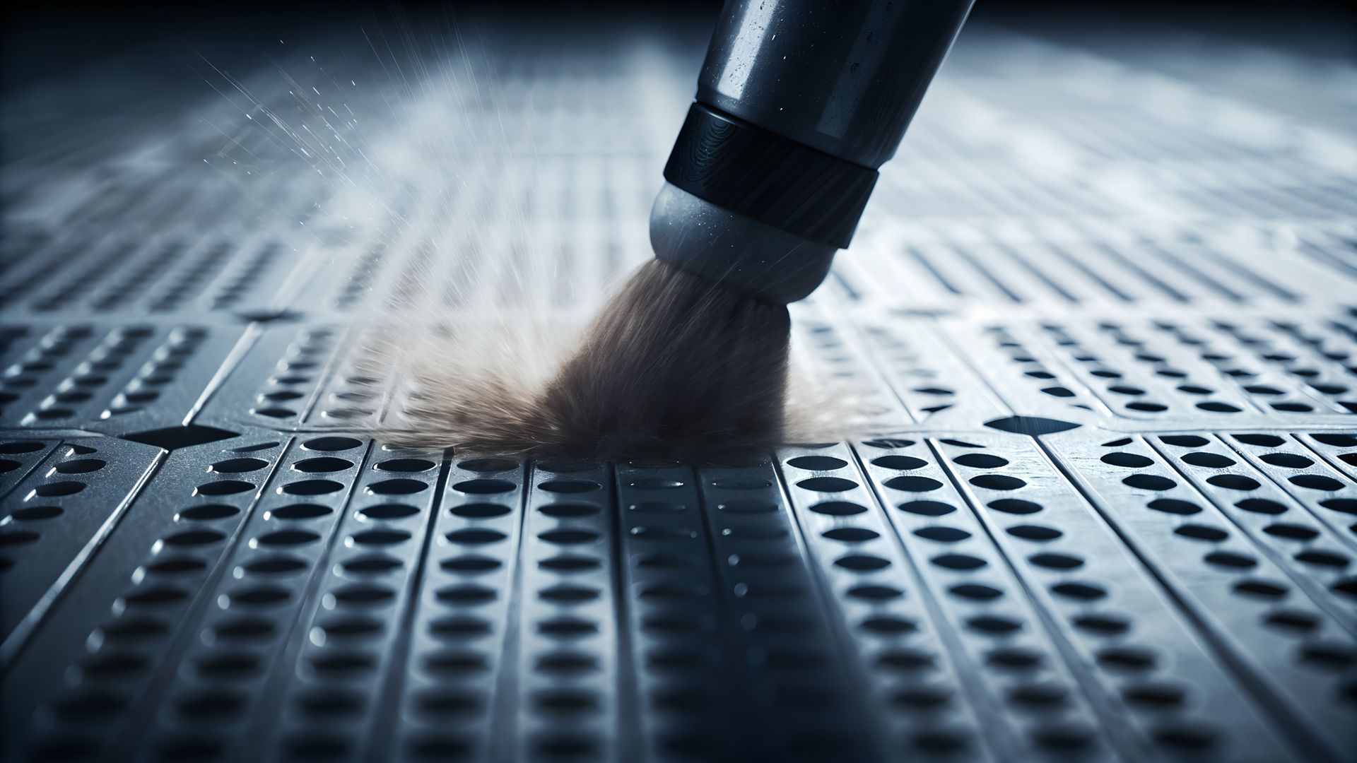 Close Up Sandblasting Nozzle Abrasive Blasting Perforated Metal Surface.