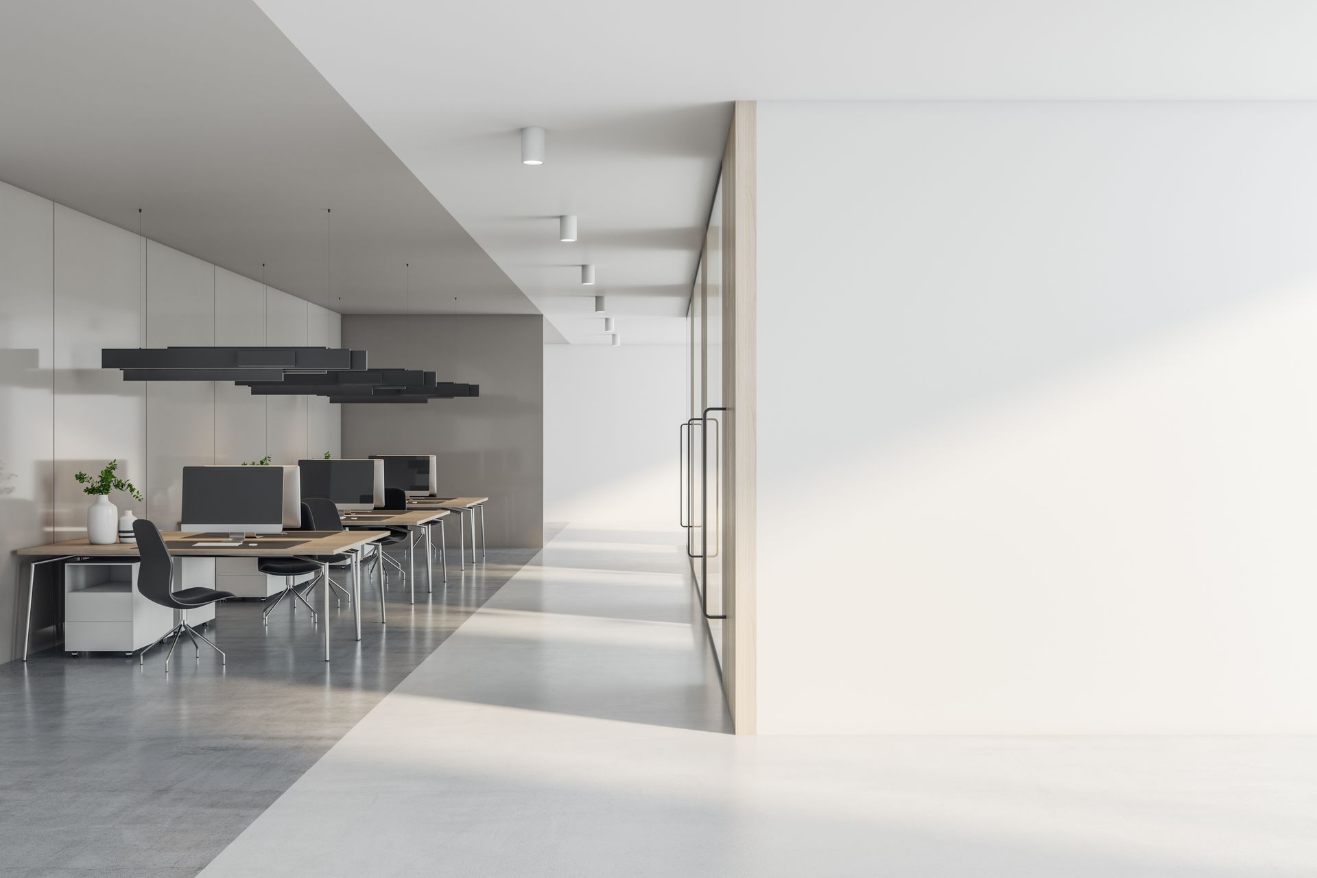 Front view on blank white wall with place.