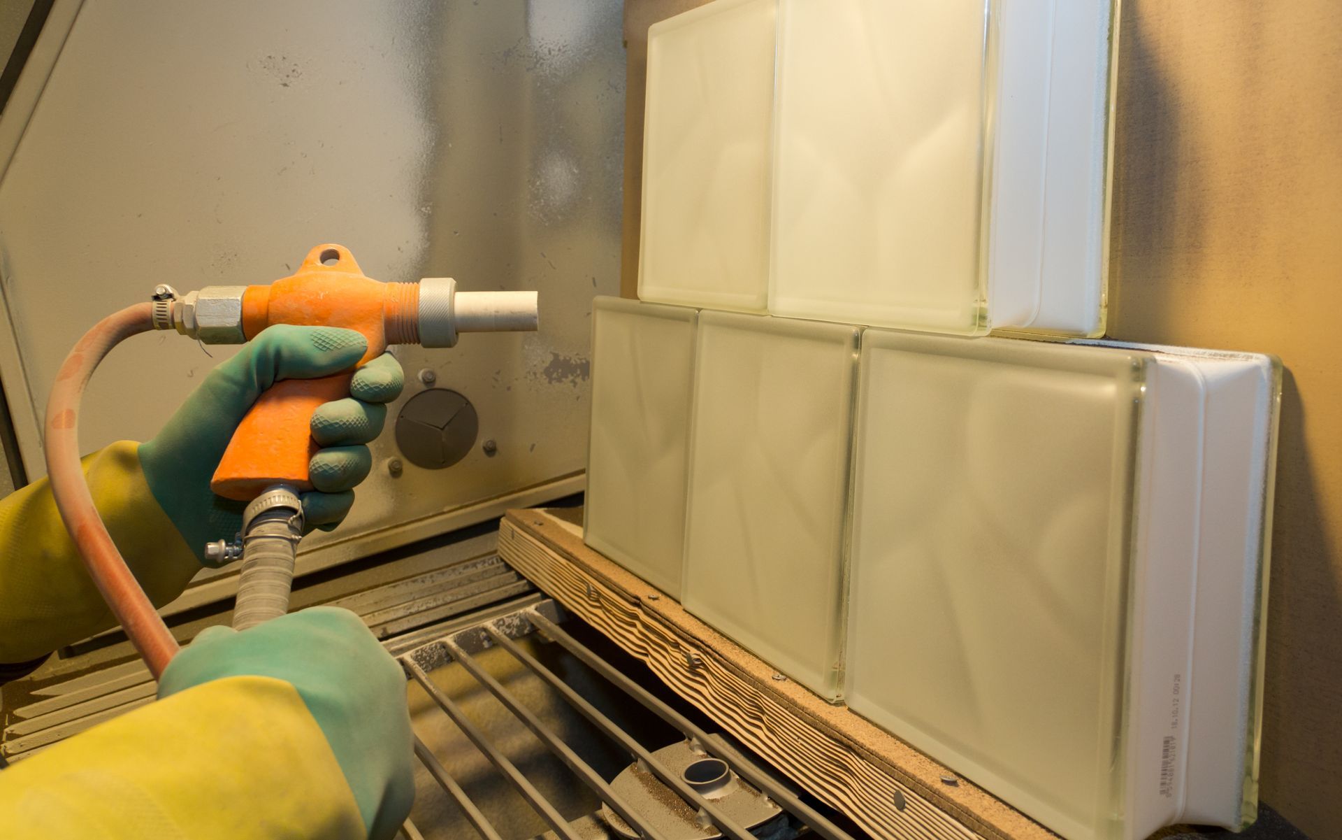 Inside sandblasting chamber.