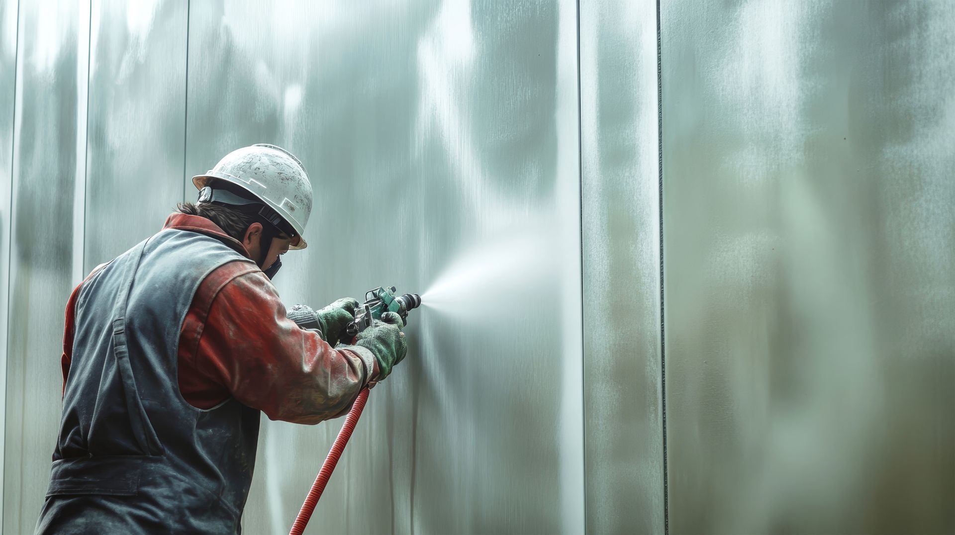 A hardworking individual sandblasts metal panels, smoothing surfaces to enhance the texture of modern concrete walls for residential storage solutions.