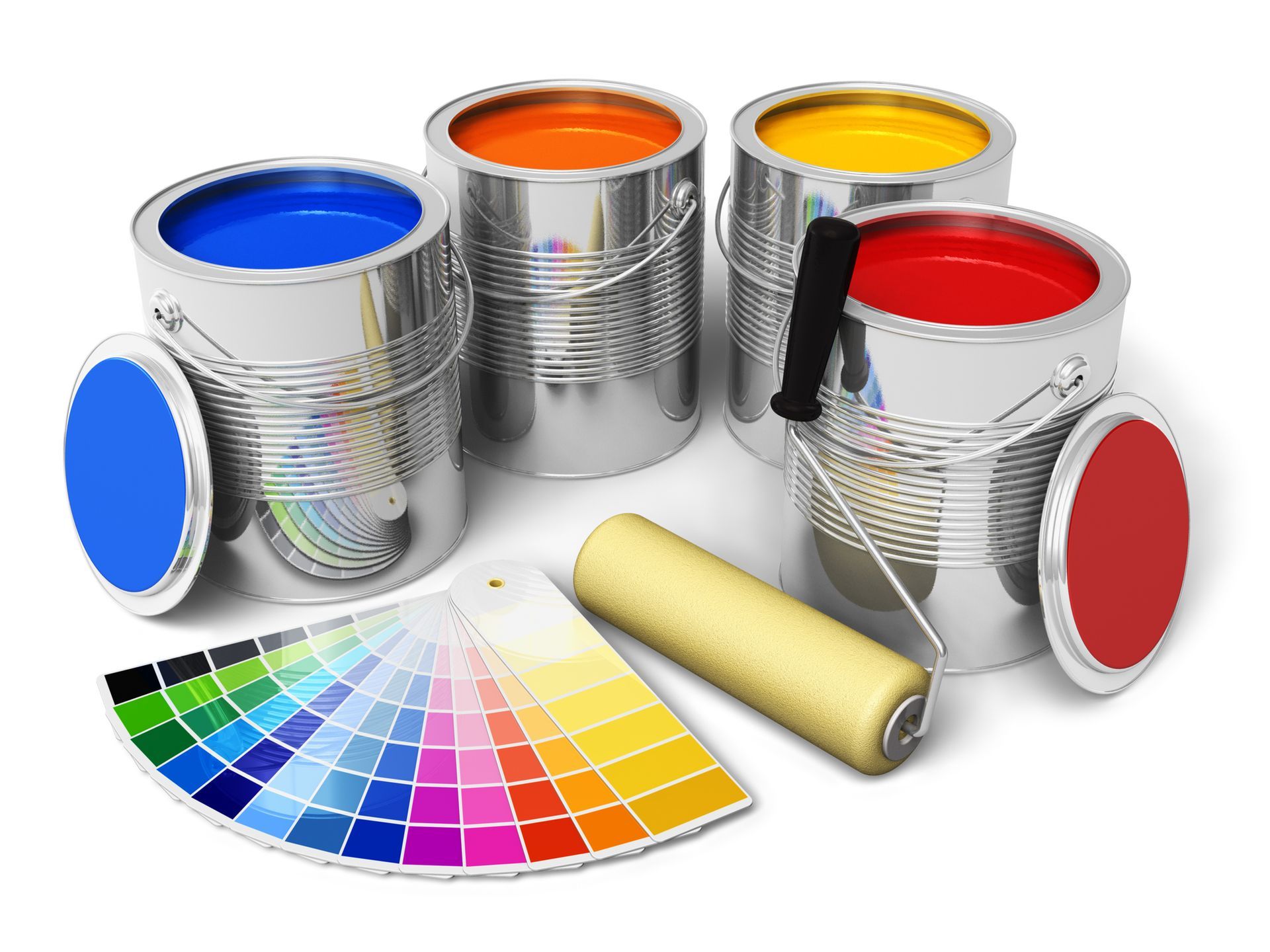 Four cans of paint , a paint roller , and a color palette on a white background.