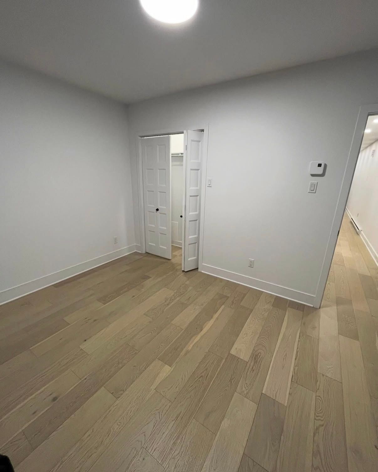 Pièce vide avec parquet clair, murs blancs et placard.