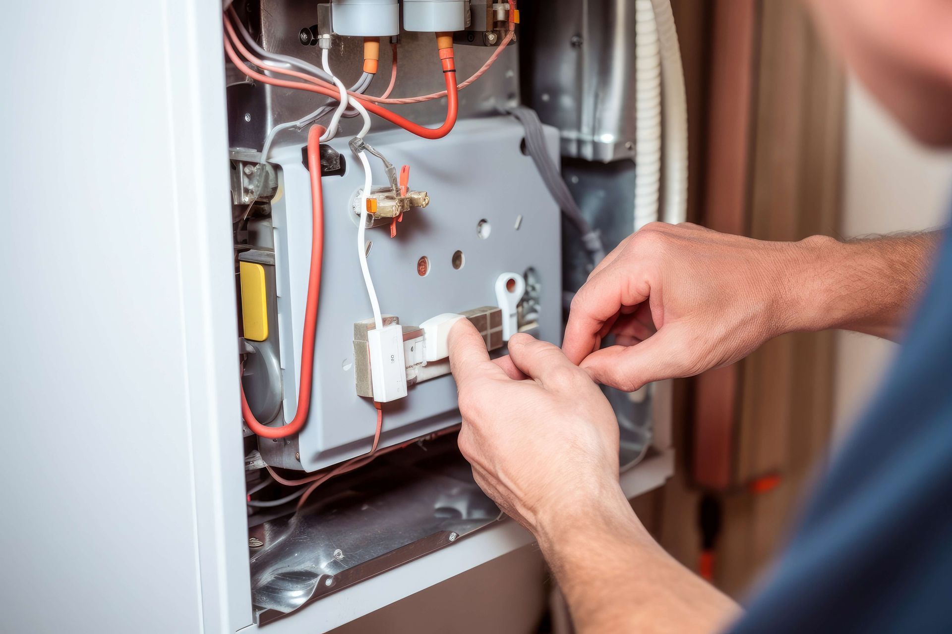 Close view of an HVAC worker servicing an electric heater.