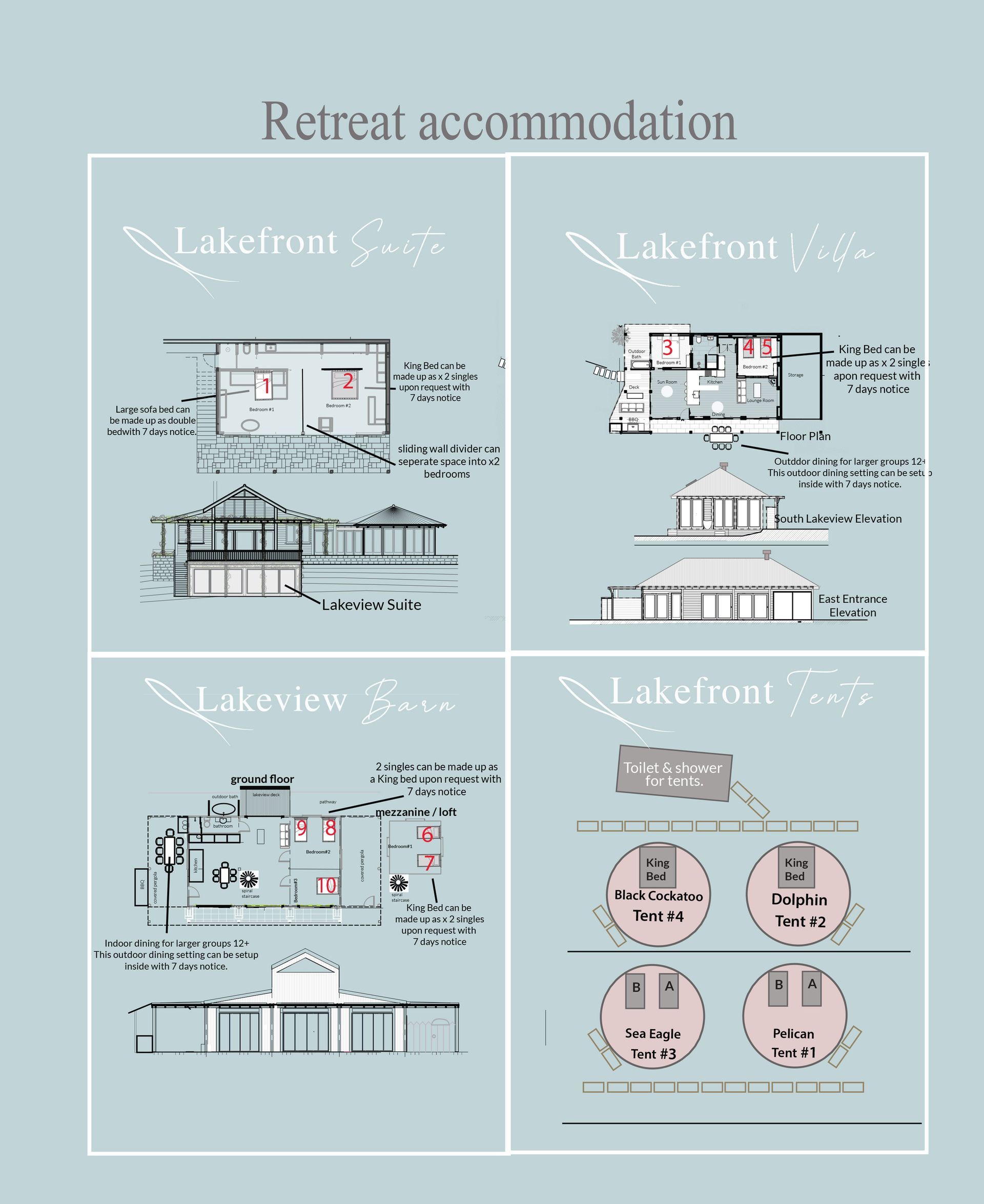 Four drawings of a retreat accommodation are shown