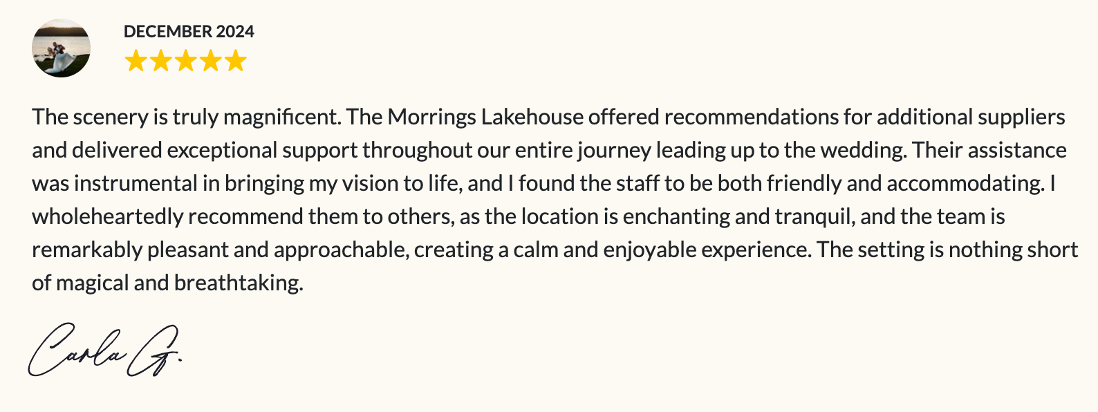 A review of a wedding venue with a signature on it.