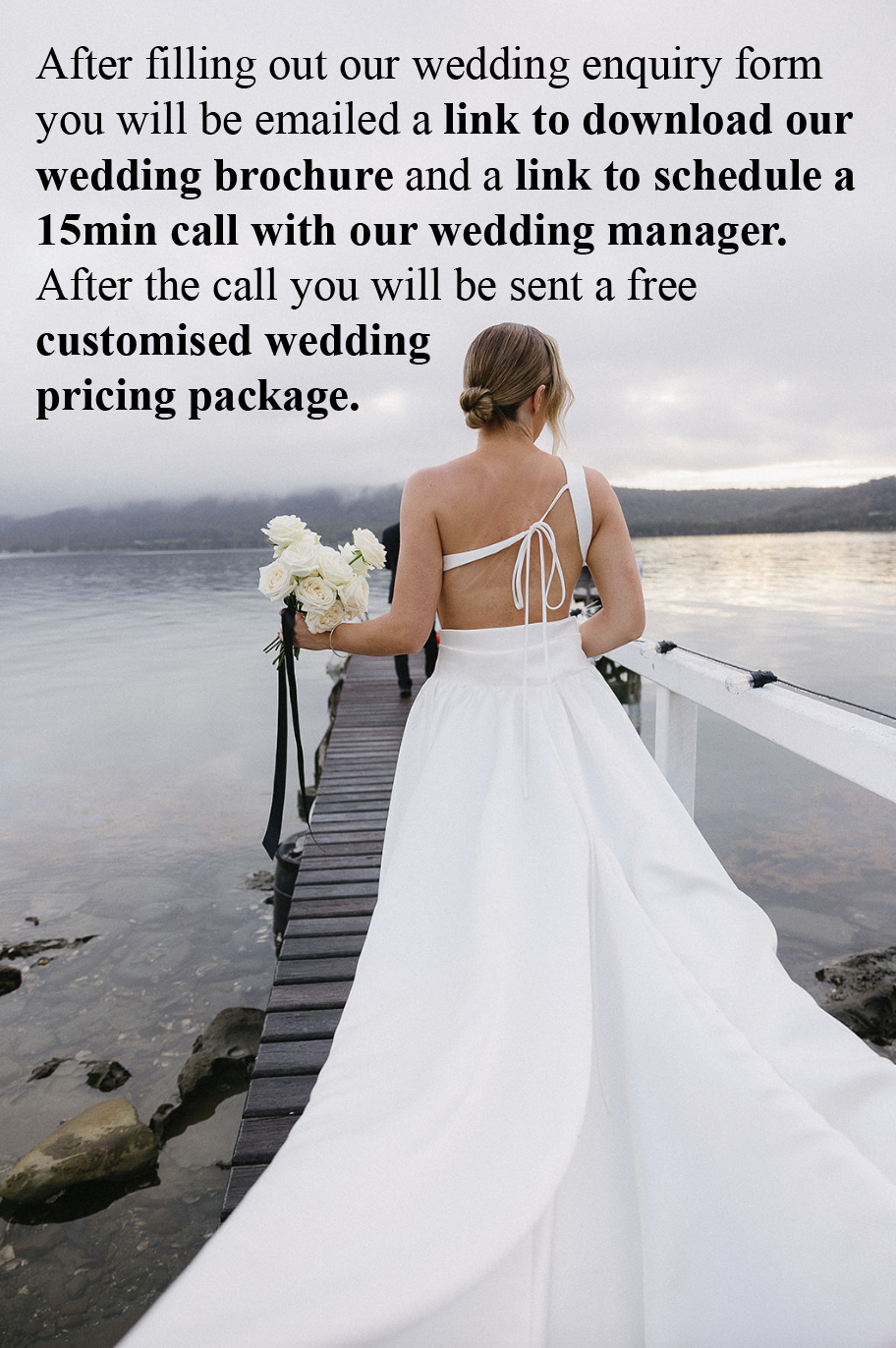 A bride and groom are posing for a picture on a dock.