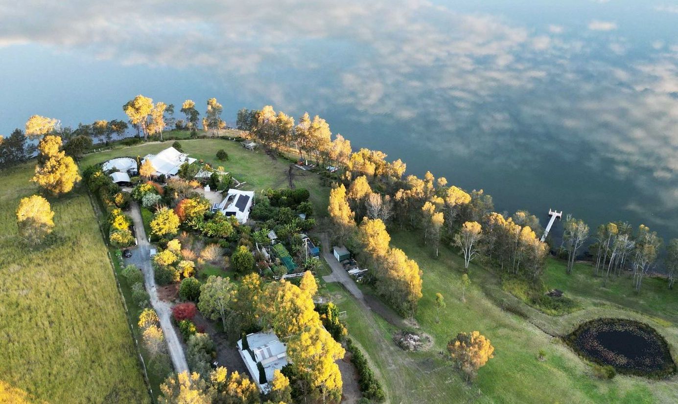 An aerial view of a lush green hillside surrounded by trees and a body of water.