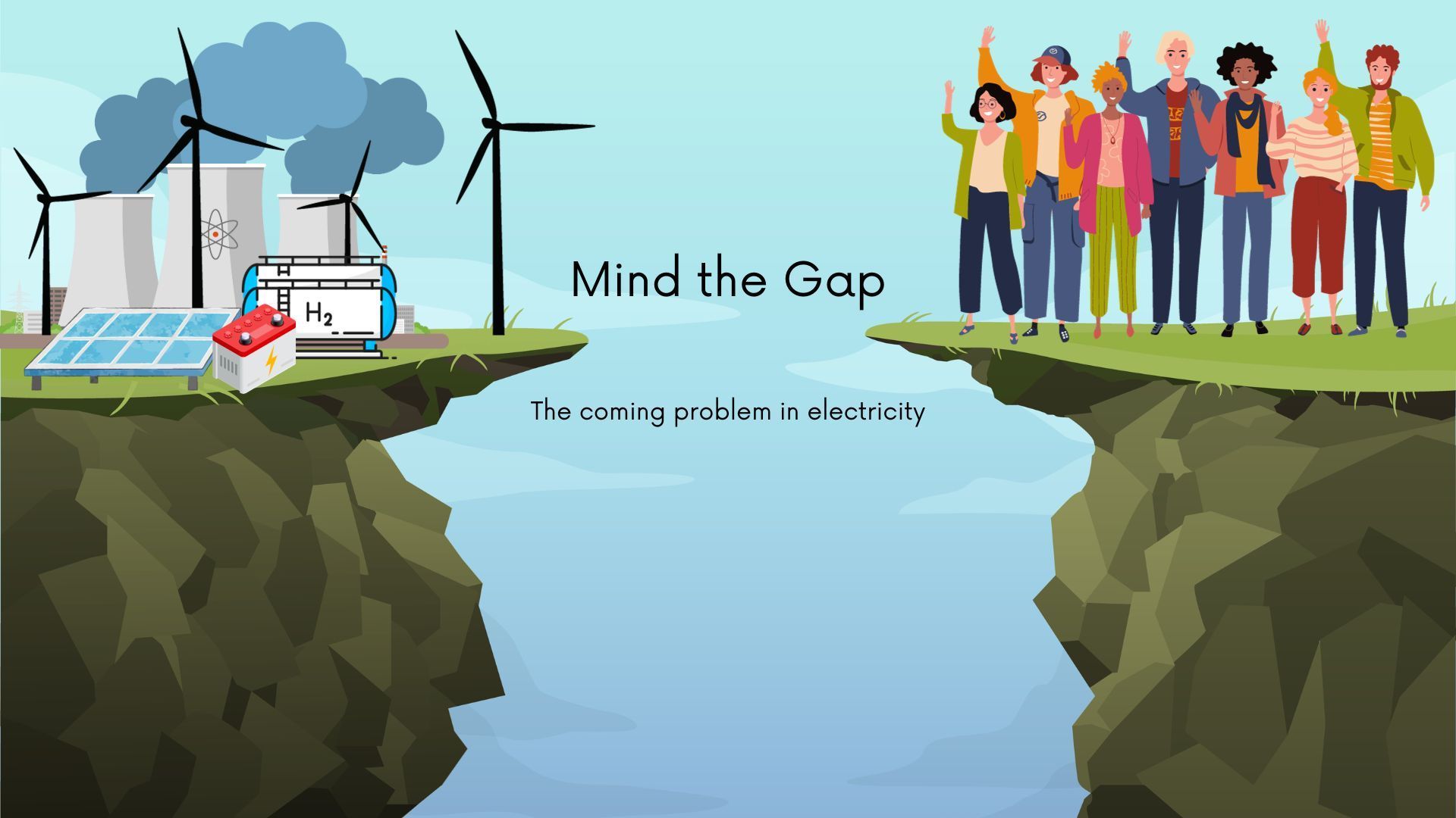 Picture shows energy sources on one side and people on the other side of a gap.