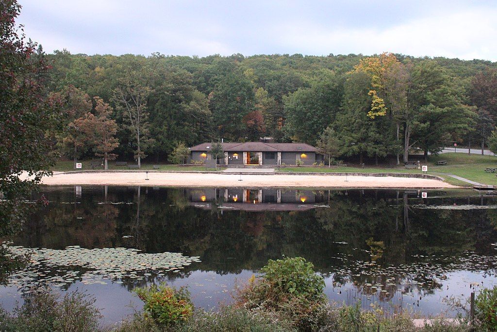 Beach house and lake at Black Moshannon State Park, PA