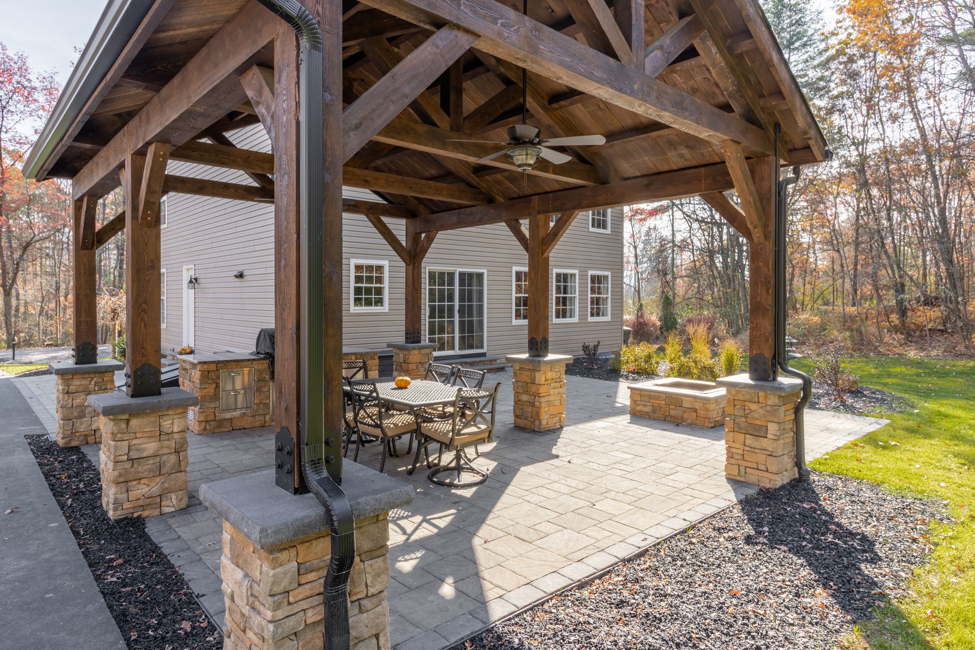 Custom home builder home State College, PA. reclaimed lumber gazebo on porch