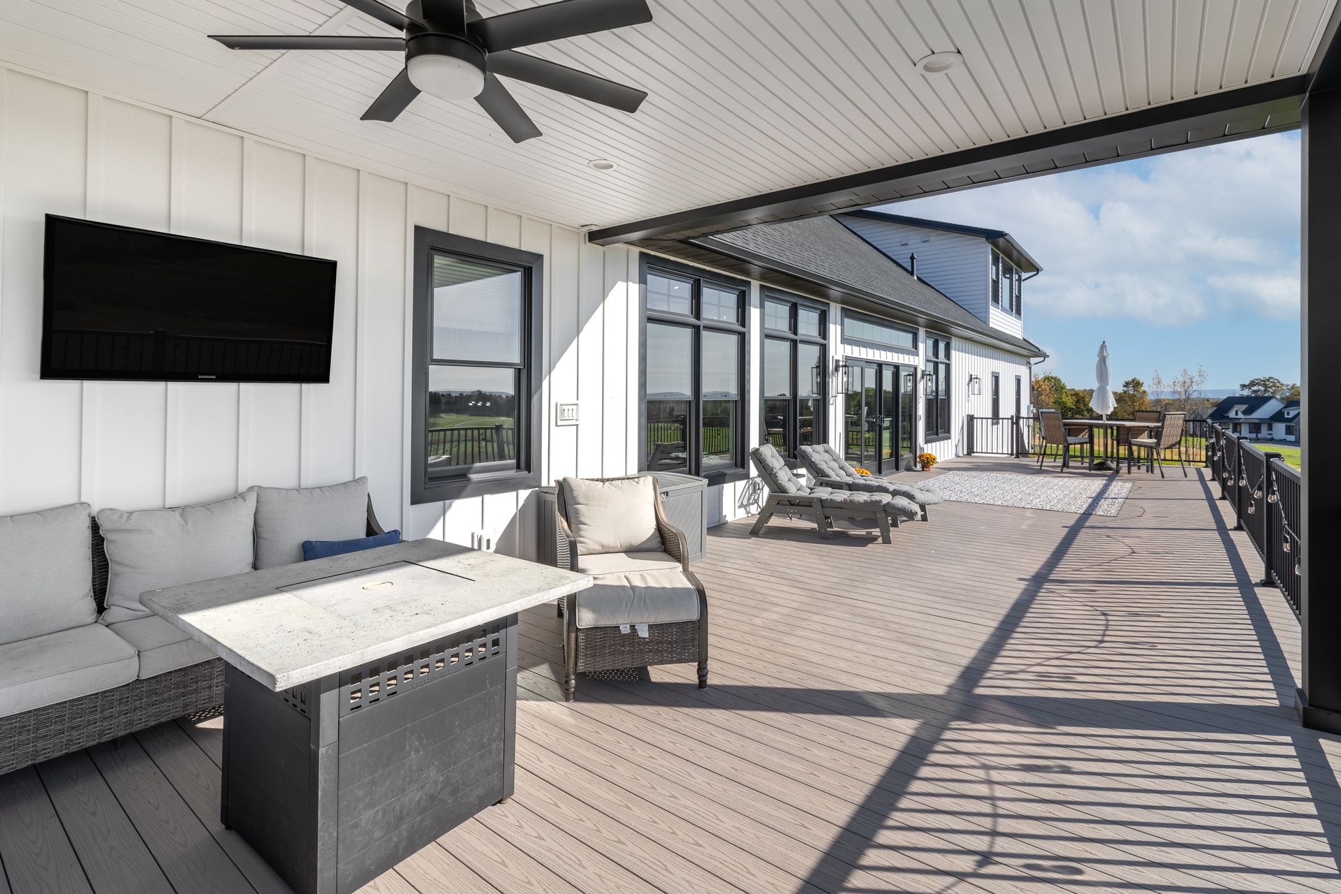 Custom modern design home in State College, PA. Covered porch. Amish home builder