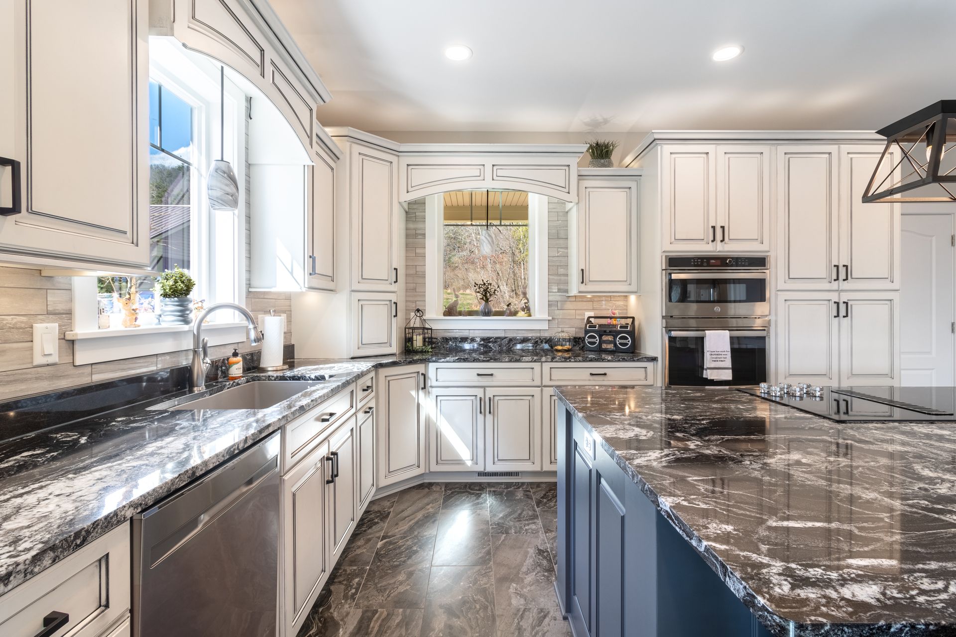Custom kitchen with white cabinets, blue island State College, PA