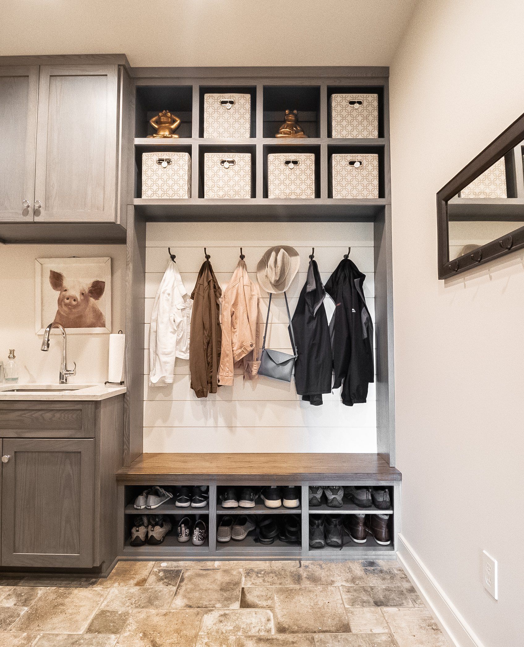 Mudroom with custom shelving and sink in custom home State College, PA
