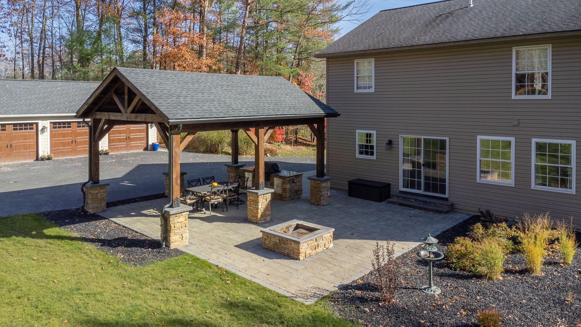 Custom outdoor living space, reclaimed lumber pavillion, State College, PA