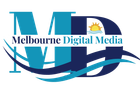 A blue and white logo for melbourne digital media