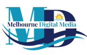 A blue and white logo for melbourne digital media