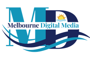 A blue and white logo for melbourne digital media
