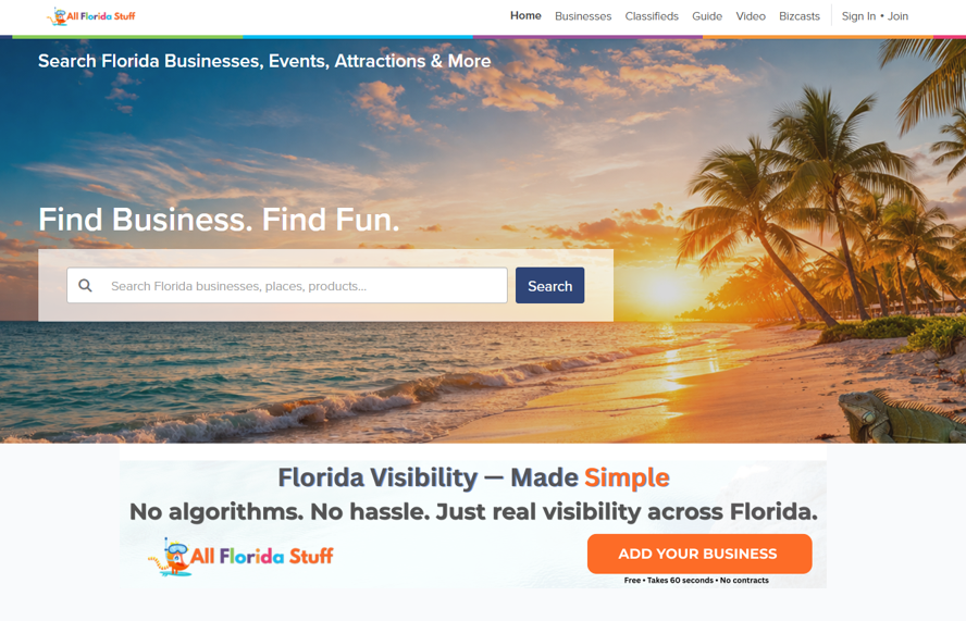 Florida business directory homepage with sunset beach hero, search bar, and “Add Your Business” button