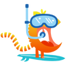 Orange cartoon creature with snorkel and goggles surfing on blue board.