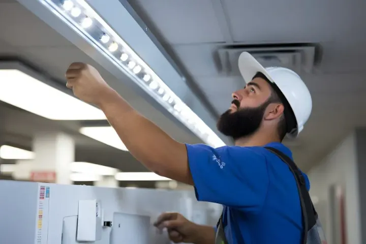 Electrician wearing a hard hat installing LED track lighting in an office.