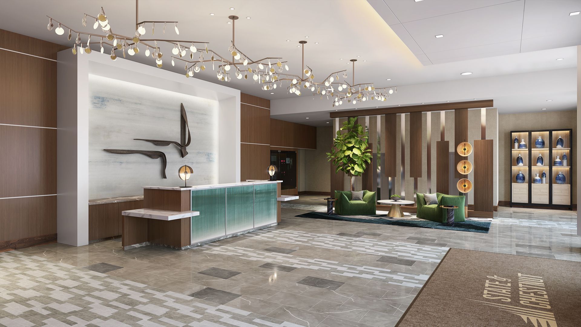 An artist 's impression of a hotel lobby with a reception desk and chairs at State & Chestnut.