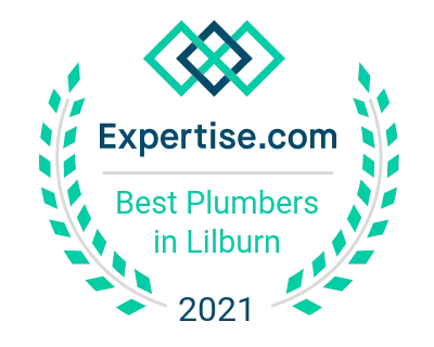 Expertise.com award badge: Best Plumbers in Lilburn 2021. Green laurel wreath, teal and dark blue geometric logo.