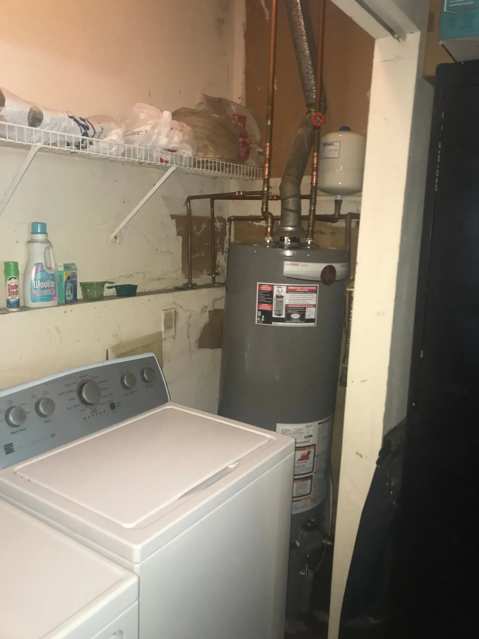Laundry room with washing machine, water heater, and shelves.