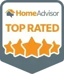 HomeAdvisor Top Rated badge with orange stars and text on a gray background.