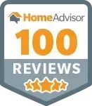 HomeAdvisor badge: 100 Reviews, orange numbers, three gold stars.