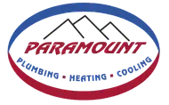 Logo for Paramount Plumbing with blue and red oval, mountains, and text.