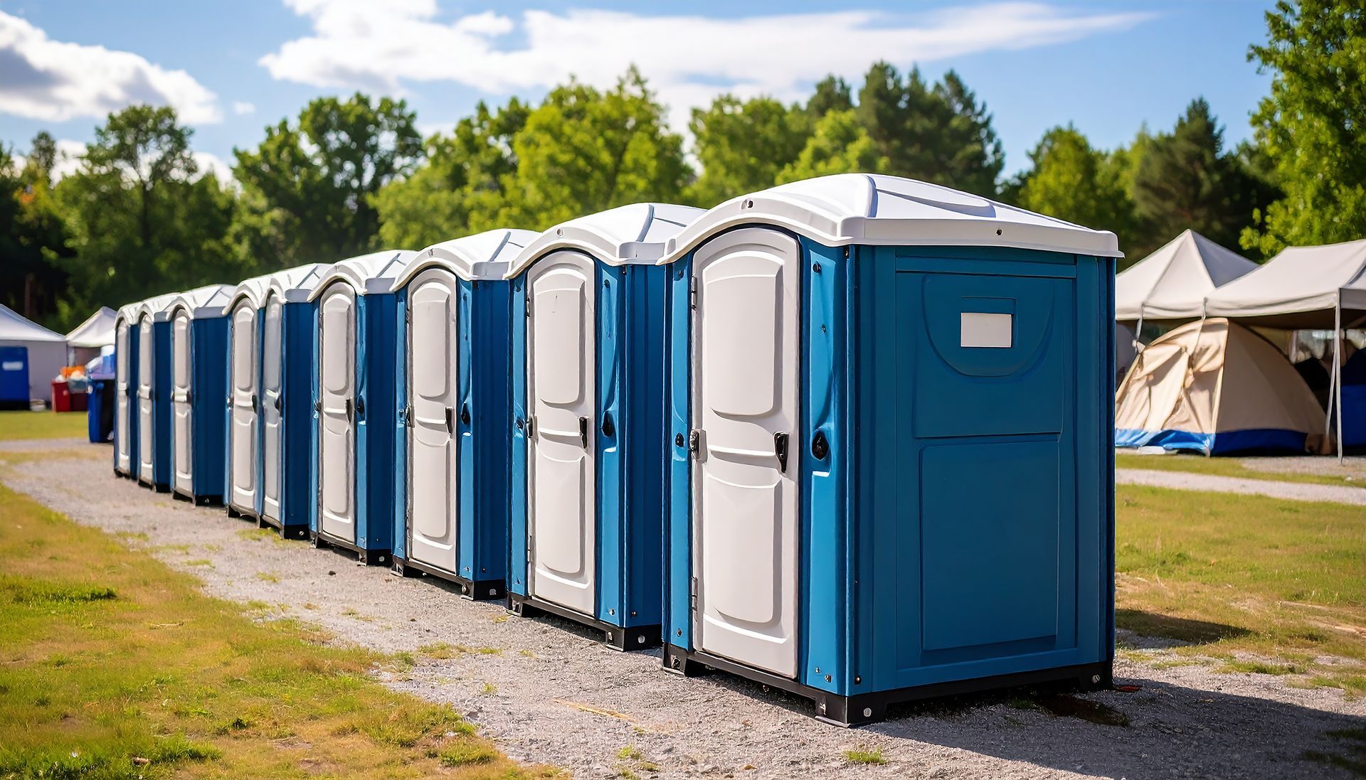 Row of special event portable toilets set up for festivals events and busy construction areas.