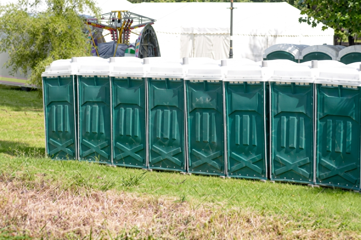 Row of green portable toilets at outdoor festival event on grass. Row of green portable toilets at outdoor festival event on grass.