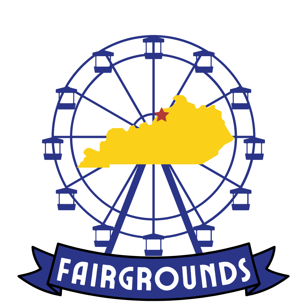 A logo for oldham county fairgrounds with a horse on it.