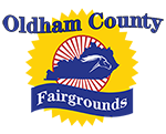 A logo for oldham county fairgrounds with a horse on it.