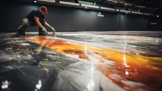 A man is painting a floor with a brush.