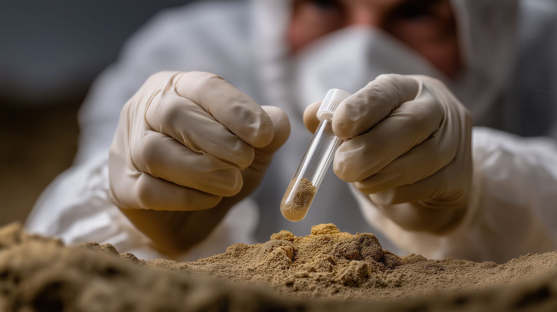 A person in a white coat holds a tube of sand, likely for analysis in a soil testing laboratory A person in a white coat holds a tube of sand, likely for analysis in a soil testing laboratory