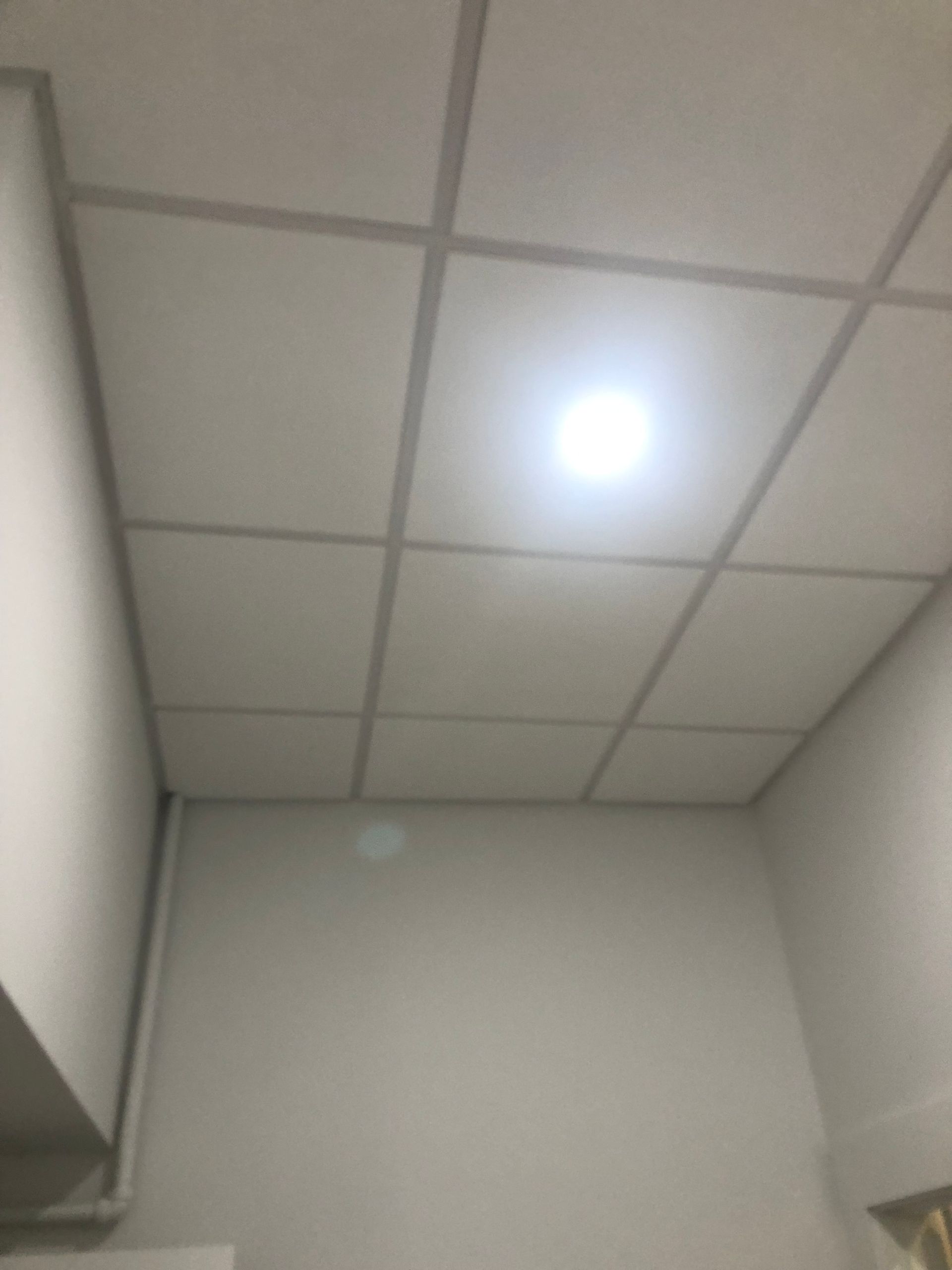 White, tiled ceiling with a bright, round light. Walls are white and visible in the corners of the room.