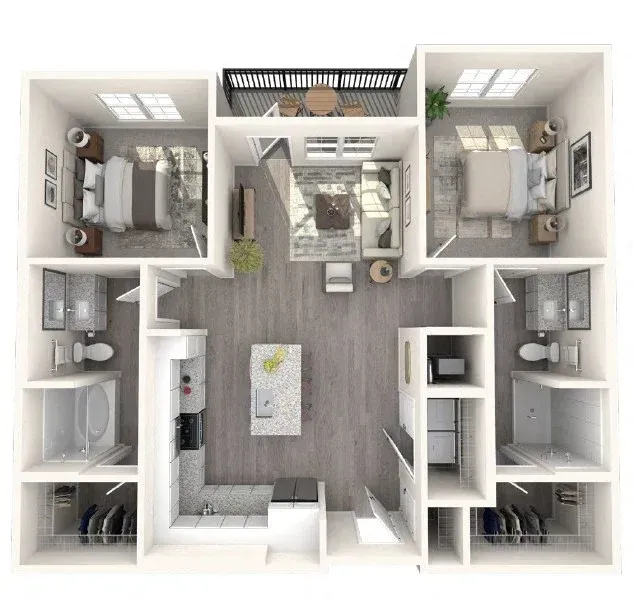 Floor plan of a two-bedroom apartment. Includes bedrooms, bathrooms, kitchen, living area, and balcony.
