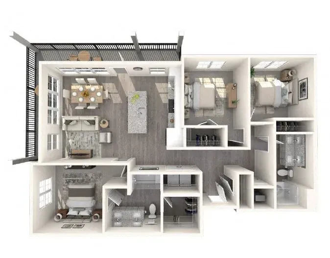 Floor plan of a modern apartment with kitchen, dining, living, and two bedrooms; neutral tones.