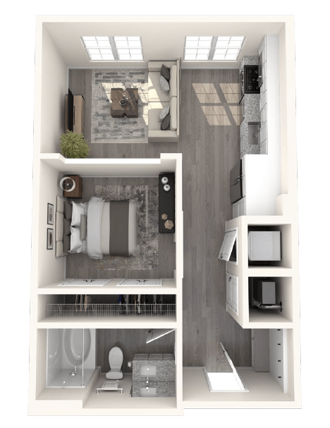 Floor plan: small apartment with living area, bedroom, and kitchen. Bathroom with tub/shower. Closet, storage.
