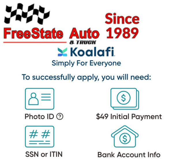 FreeState Auto advertisement with Koalafi, showing application requirements: Photo ID, $49 payment, SSN/ITIN, and bank info.