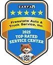 CARFAX 2025 Top-Rated Service Center badge: blue, gold stars, fox mascot wearing a CARFAX shirt | Freestate Auto & Truck Service