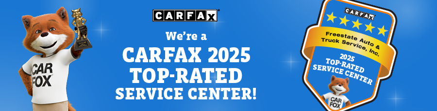 CARFAX Top-Rated Service Center award badge, 2024. Blue background with mascot holding award | Freestate Auto & Truck Service