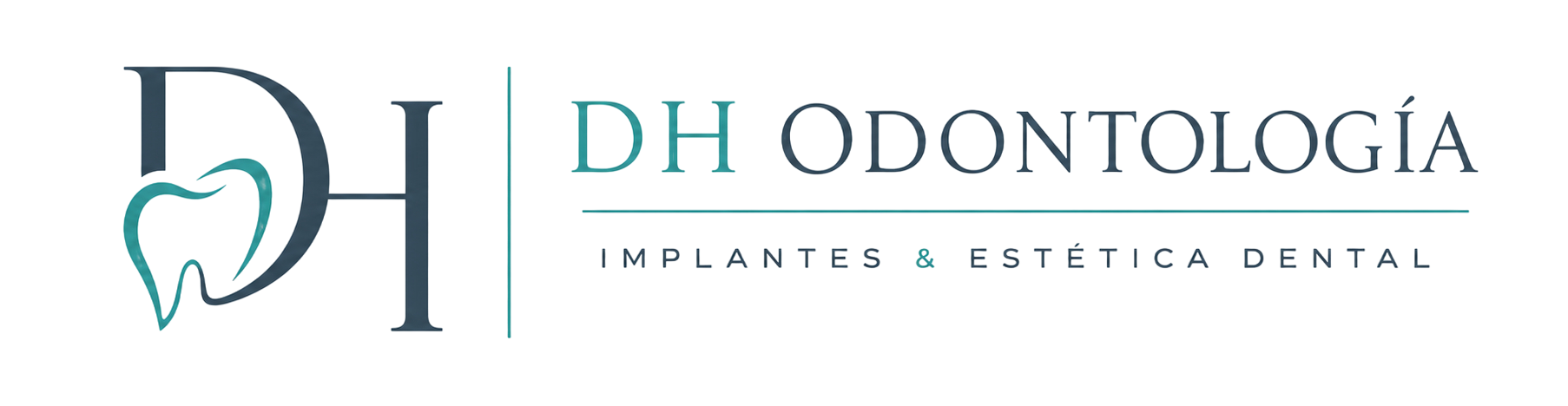 Logotipo de DH Odontología con icono de diente estilizado y lema “Implantes estética dental” en color verde azulado y gris.