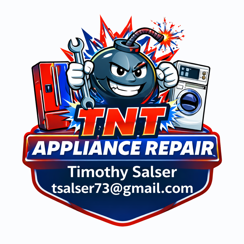 TNT Appliance Repair logo: cartoon bomb with angry face holding wrench, flanked by appliances.