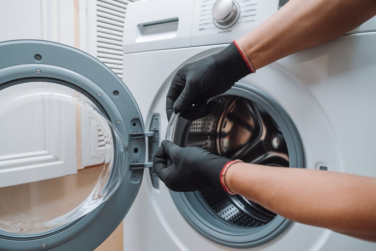 A person wearing black gloves is fixing a washing machine.