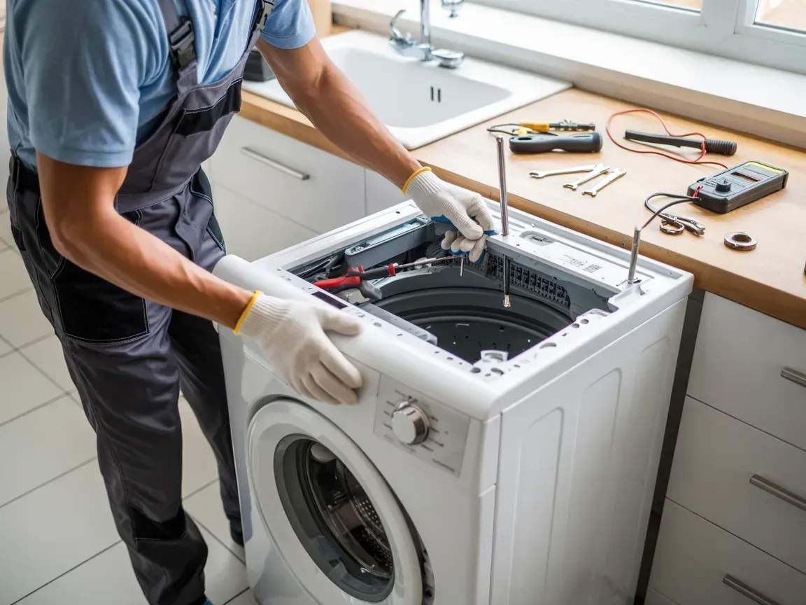 A person in overalls and gloves repairs a washing machine in a kitchen.