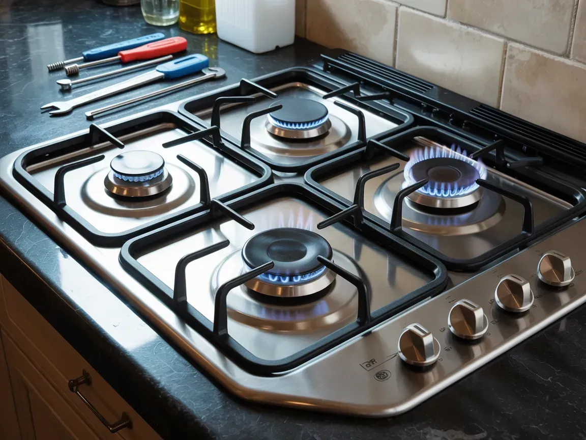 Gas stovetop with three burners lit, tools on counter.